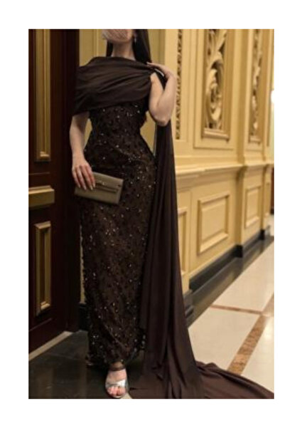 TREN Luxurious Sequin Evening Gown Long Sleeveless Formal Dress with Shawl Chocolate Brown Party Wear