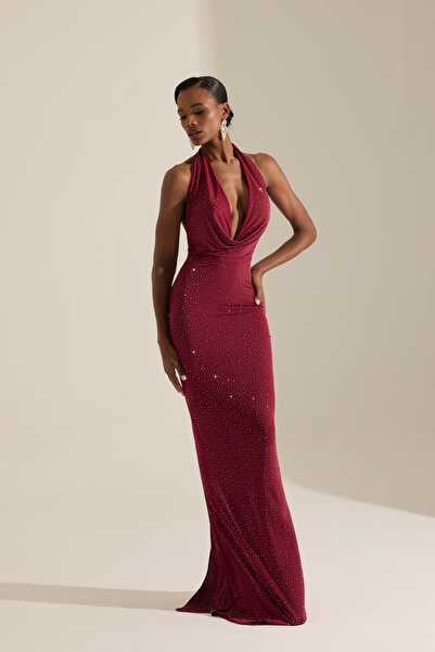 BETTY & SAM Magda Bordo Taşlı Uzun Elbise