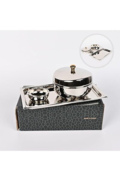 Generic Elegant mini date set in nickel steel with a 26cm serving dish, a 7cm date pit dish, and a rounded container for sweets and nuts.