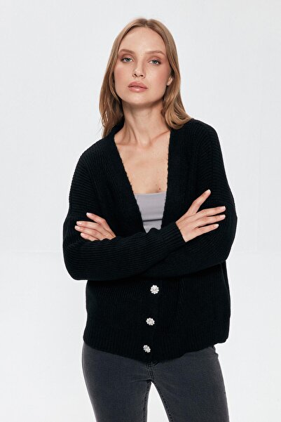 Quzu Knitwear Cardigan Button Detailed Black
