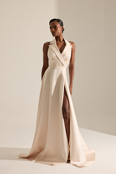 BETTY & SAM Torino Kloş Yırtmaçlı Ekru Uzun Elbise