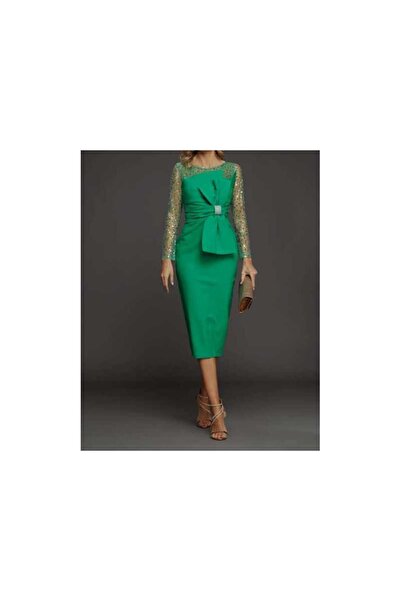 OEM GREEN DRESS WITH HIGH WAIST BOW - GREEN, 36