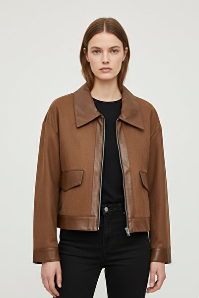Dhara Deri Detaylı Fermuarlı Camel Süet Ceket