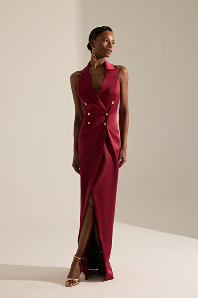 BETTY & SAM Milano Bordo Kruvaze Yaka Saten Elbise