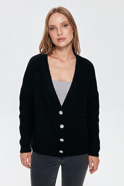 Quzu Knitwear Cardigan Button Detailed Black
