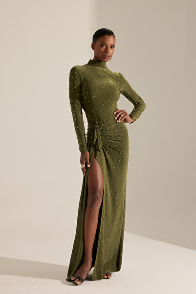 BETTY & SAM Coventry İnci Detaylı Haki Uzun Elbise