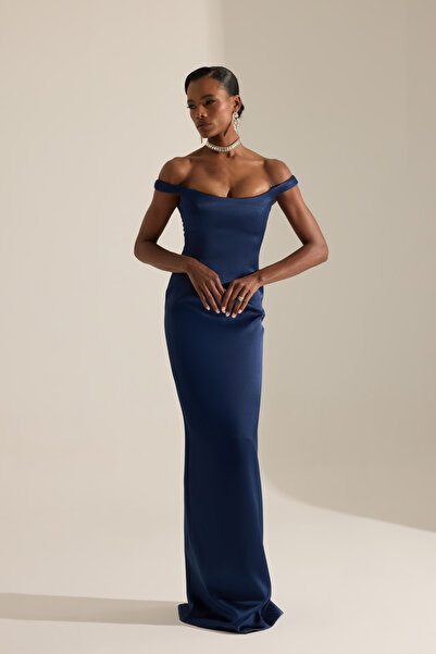 BETTY & SAM Marsala Lacivert Saten Gece Elbisesi