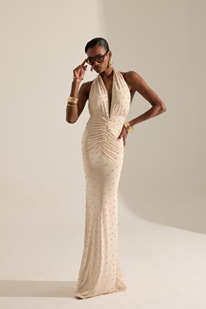 BETTY & SAM Marseille Ekru İncili Uzun Elbise