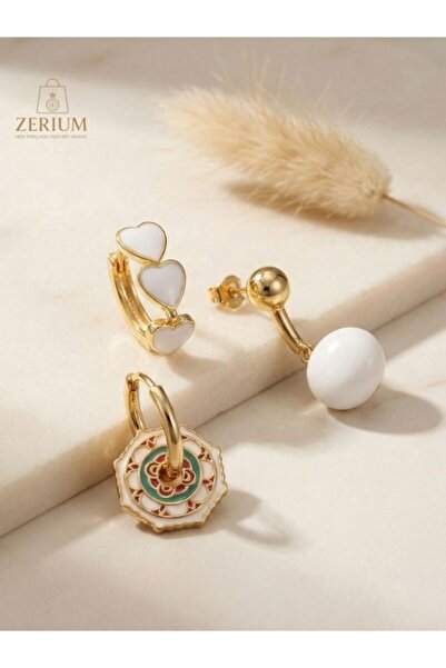 ZERİUM White Enamel Heart Detailed 3-Piece Women's Earring Set Modern Bohemia...