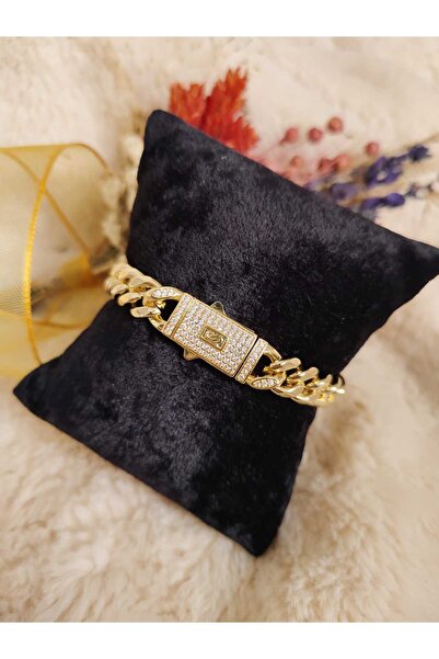 Tuel سوار سميك من الفولاذ مع حجر الزركون وتفاصيل ذهبية