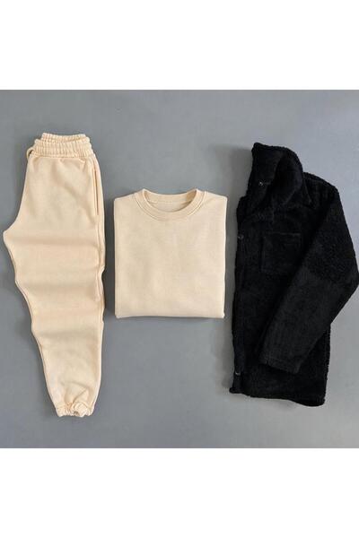 WENMİNG Men's Plush Jacket + 3 Thread Fleece-Lined Bisikletyaka Tracksuit Set 3-Piece Combination