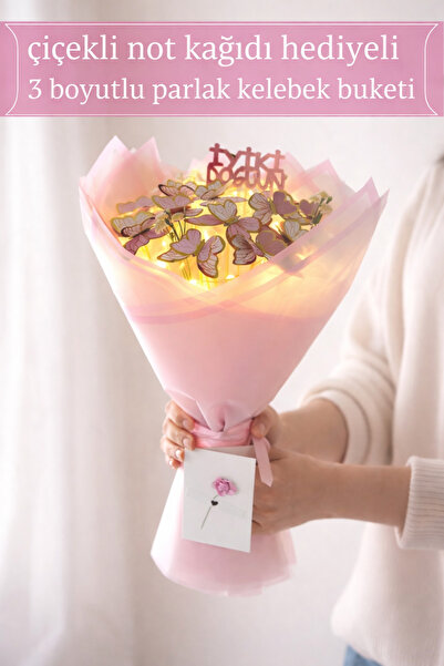 Melonİst LED’li 3 Boyutlu Parlak Yüzeyli Pembe Kelebek Buketi – İyi ki Doğdun - Çiçekli Not kağıdı hediyeli