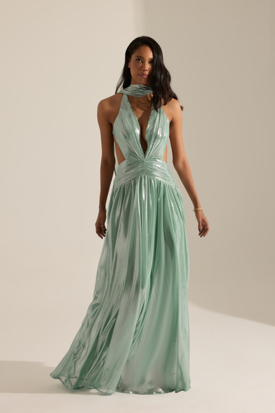 BETTY & SAM Nantes Metalik Su Yeşili Uzun Elbise