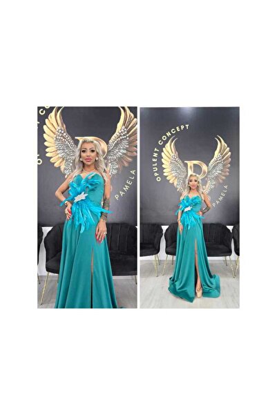 OEM LONG TURQUOISE DRESS WITH LARGE FEATHERS - TURQUOISE, S