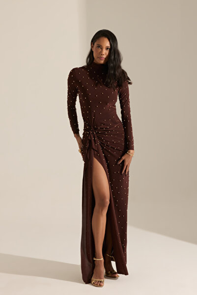 BETTY & SAM Coventry İnci Detaylı Kahverengi Uzun Elbise