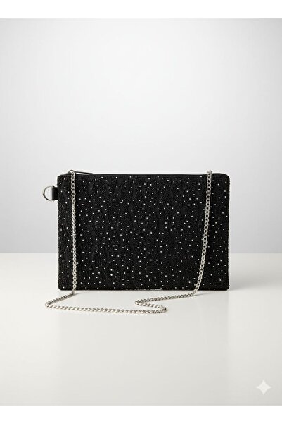 ALURA Kadın Siyah Boncuk İşlemeli Portföy Çantası-Gümüş Zincirli El Çantası-Clutch