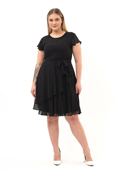 Sereia Women's Tulle Detailed Belted Crew Neck Black Elegant Dress Plus Size ...