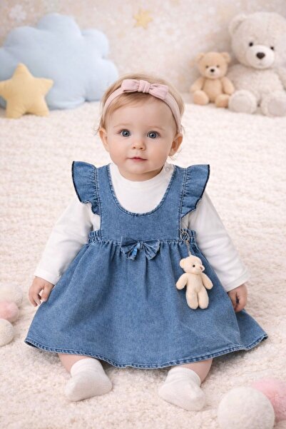 be&en kids Ayıcıklı Denim Görünümlü Kız Bebek Elbise Takımı – Uzun Kollu Bodyli