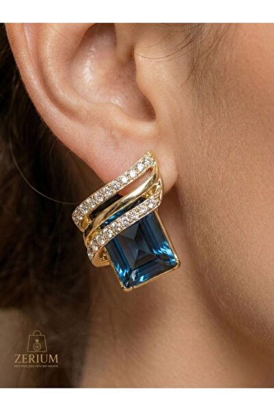 ZERİUM Navy Blue Crystal Stone Square Women's Earrings Premium Modern Series