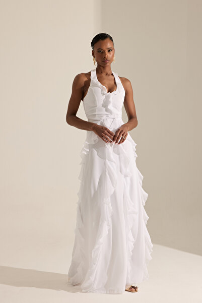 BETTY & SAM Mattina Beyaz Fırfırlı Şifon Elbise