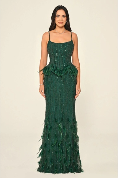 ALFABETA Women's strappy evening dress with a removable feather-trimmed overlay; elegant sequined maxi gown.