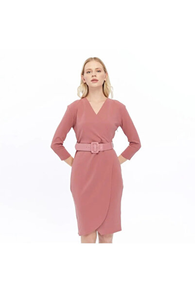 Astra Plus Women's Low-Cut Dusty Rose Collar Belted Elegant Midi Dress Dusty Rose - Astps37E53T-1I00-42Gul