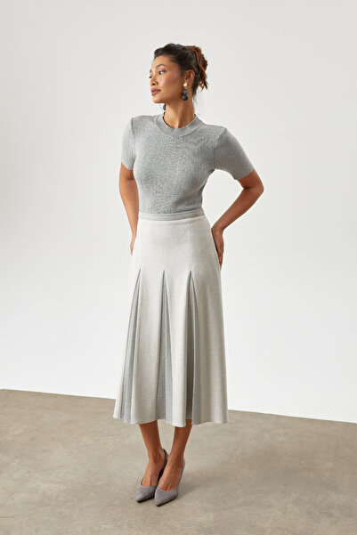 Guzella Midi Length Pleated Zippered Knitted Skirt