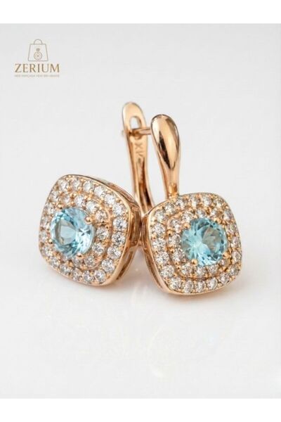 ZERİUM Mavi Taşlı Zirkon İşlemeli Kadın Küpe
