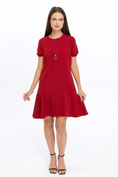 Sereia Women's Burgundy Crew Neck Pleated Detail Elegant Midi Dress - Burgundy - Sreia40F33V-1L00-44Brd