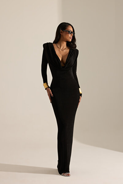 BETTY & SAM Philippe Siyah Degaje Dekolteli Uzun Elbise