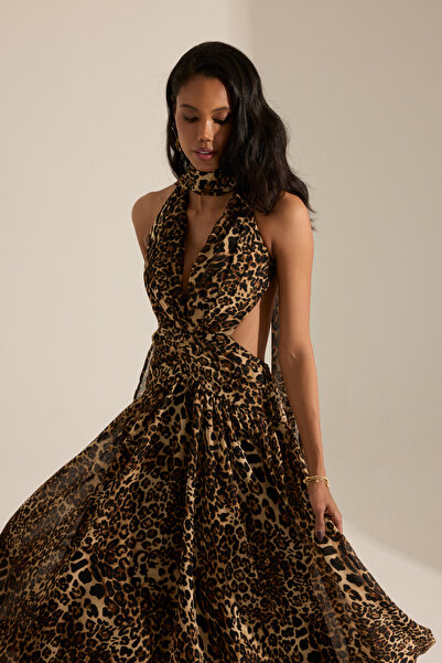 BETTY & SAM Nantes Leopar Siyah Uzun Elbise