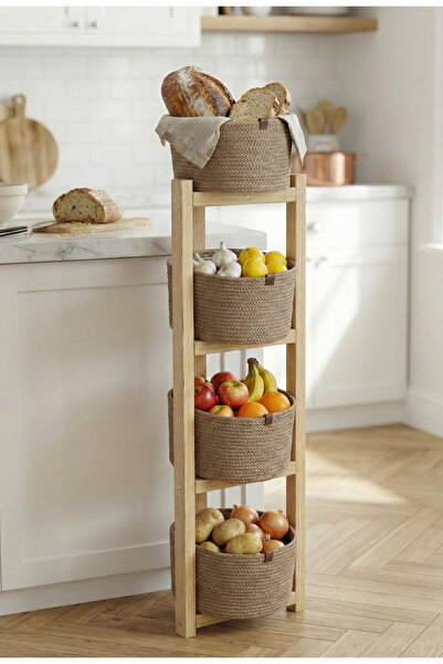 MARFİİ 4 Katlı Doğal Ahşap Sebzelik Meyvelik, Hasır Görünümlü Çok Amaçlı Mutf...
