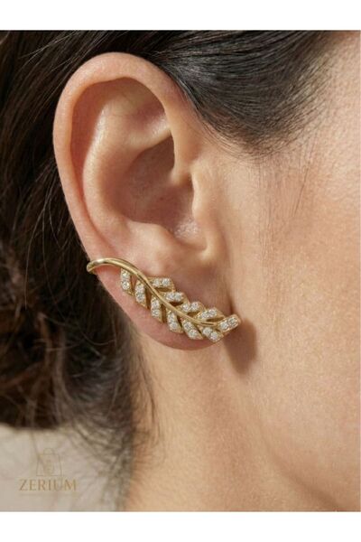 ZERİUM Zircon Stone Leaf Figured Women's Earrings Ear Cuff Premium Accessory