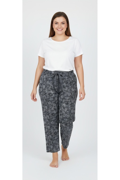 noend Women's Black and White Leaf Patterned Plus Size Suede Velvet Elastic W...