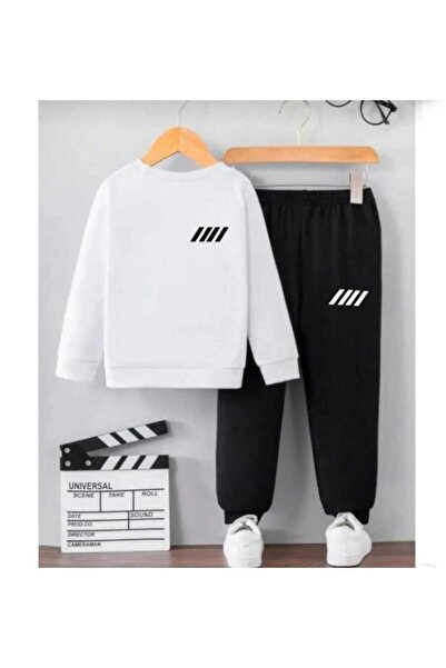 Kids Kalın Kışlık Çizgi Baskılı beyaz siyah Çocuk Sweat Takım