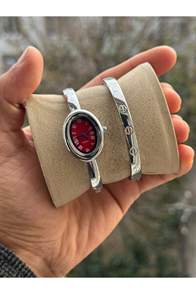 Tulpar Handcuff Model Oval Vintage Case Women's Wristwatch with Bracelet Gift