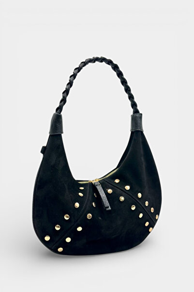Miales Siyah, Hakiki Süet Deri Trok Taş ve Uzun Askı Detaylı Kadın Omuz Çantası