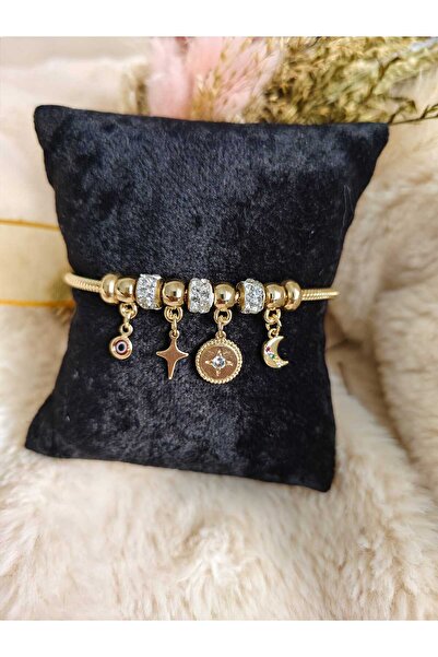 Tuel Gold Yıldız Detaylı Çelik Charmlı Bileklik
