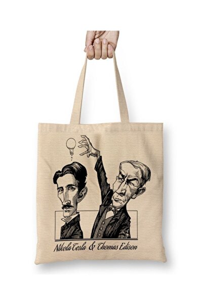 Toyaso Tesla and Edison White Tote Bag Long Handle Shopping Bag Beach Bag