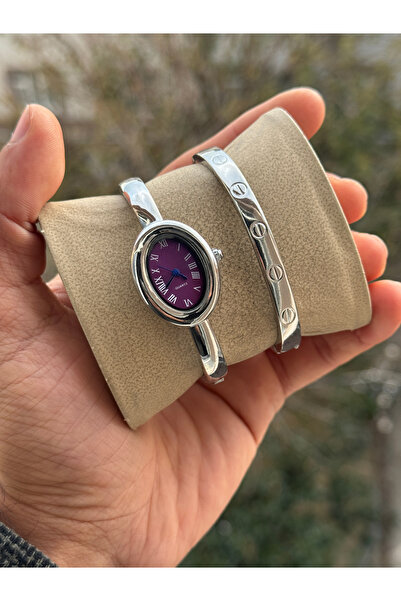 Tulpar Handcuff Model Oval Vintage Case Women's Wristwatch with Bracelet Gift