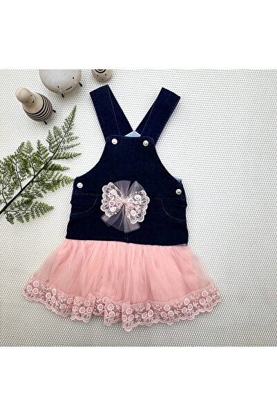 Marsilyan 2-3-4 Years Old Bow Button Detailed Tulle Skirt Denim Fabric Salopet Girl's Dress