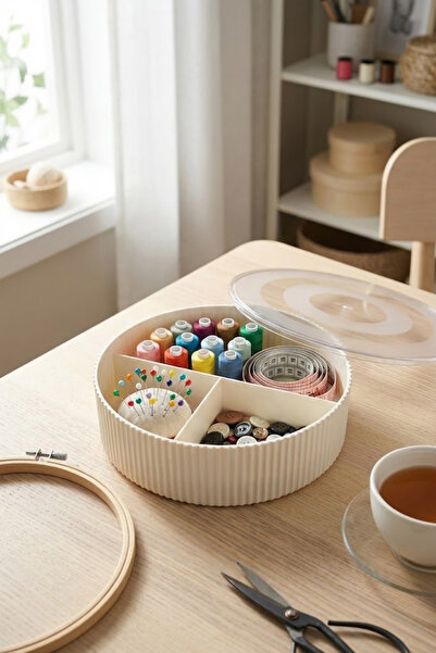 Vivenda Covered Round Compartment Sewing Box Organizer 19 cm Diameter 6 cm Height “White”