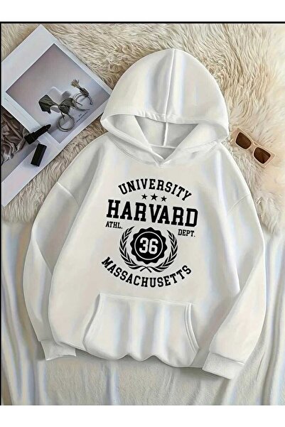 Le Savu Harvard Streetwear Printed Oversized Hooded White Color Sweatshirt