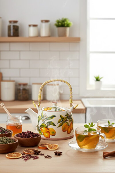 SODELICIOUS COFFEE TEA 800 Ml. Bamboo Handle Chinese Lemon Pattern Teapot