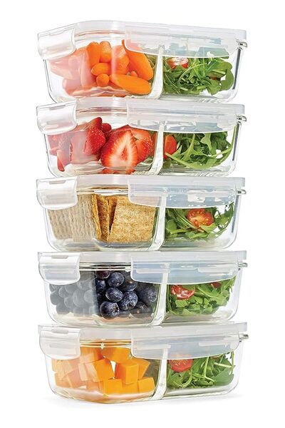 The Bros PROMASS & Fresh Divided Glass Containers, Two Compartments, Containers with Locking Lids, Glass Stor
