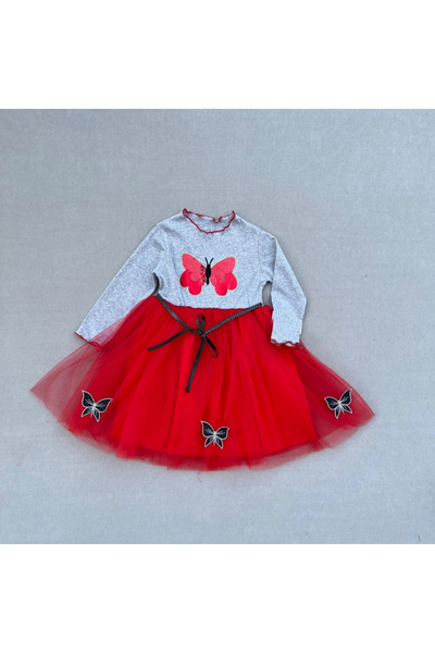 Marsilyan 5-6-7 Years Old Jewelled Butterfly Patterned Ribbon Belted Lined Girl's Tutu Dress