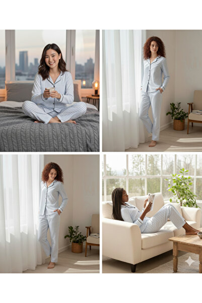 Dowry Store Alperi BOYDAN DÜĞMELİ MEVSİMLİK UZUN KOL GÖMLEK PİJAMA TAKIMI