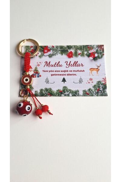 Svc Aksesuar New Year Gift Red Keychain with Evil Eye Beads - 10.5 cm