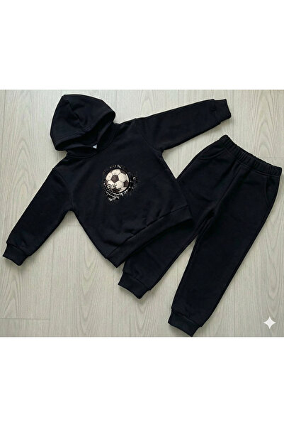 Machi طقم كرة قدم للأولاد مطبوع أسود بغطاء رأس طقم رياضي قطني مكون من قطعتين