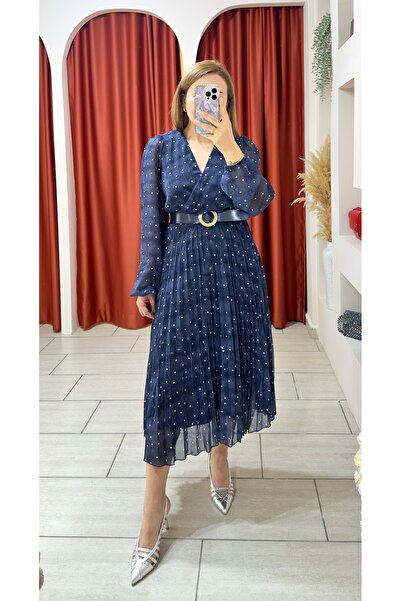 ebruemenbutik Kadın Piliseli Etek Puantiyeli Kemerli Maksi Boy Şifon Elbise